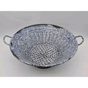 Antique Primitive Blue White Graniteware Enamelware Colander Strainer Farmhouse
